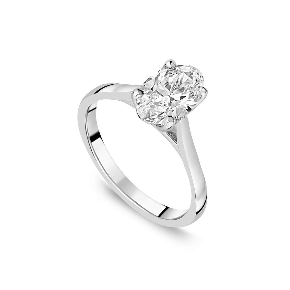 Elegant platinum solitaire ring with a 1.50ct lab-grown oval diamond in a classic four-claw setting.